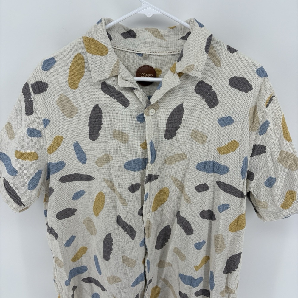 Common People Contour Button Shirt Men L Abstract Geometric Print Camp Collar
